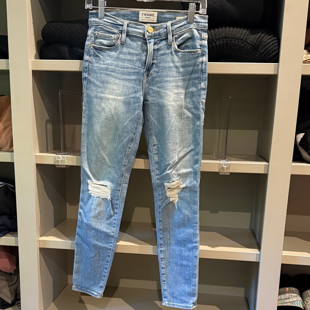 Frame Denim Light Wash Distressed Skinny Jeans